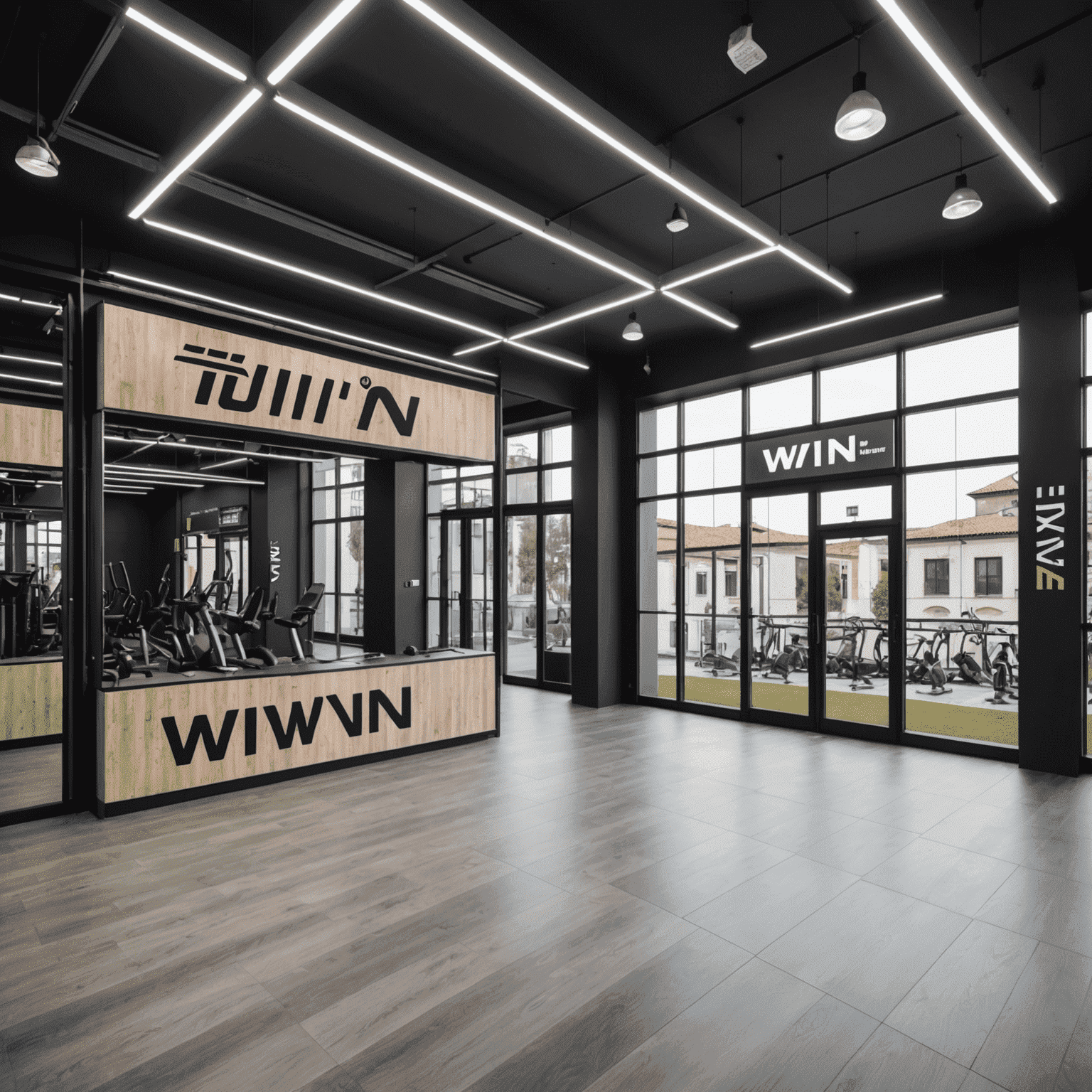 Nuova sede di 1win Fitness in Italia, un edificio moderno con ampie vetrate e il logo 1win Fitness in evidenza