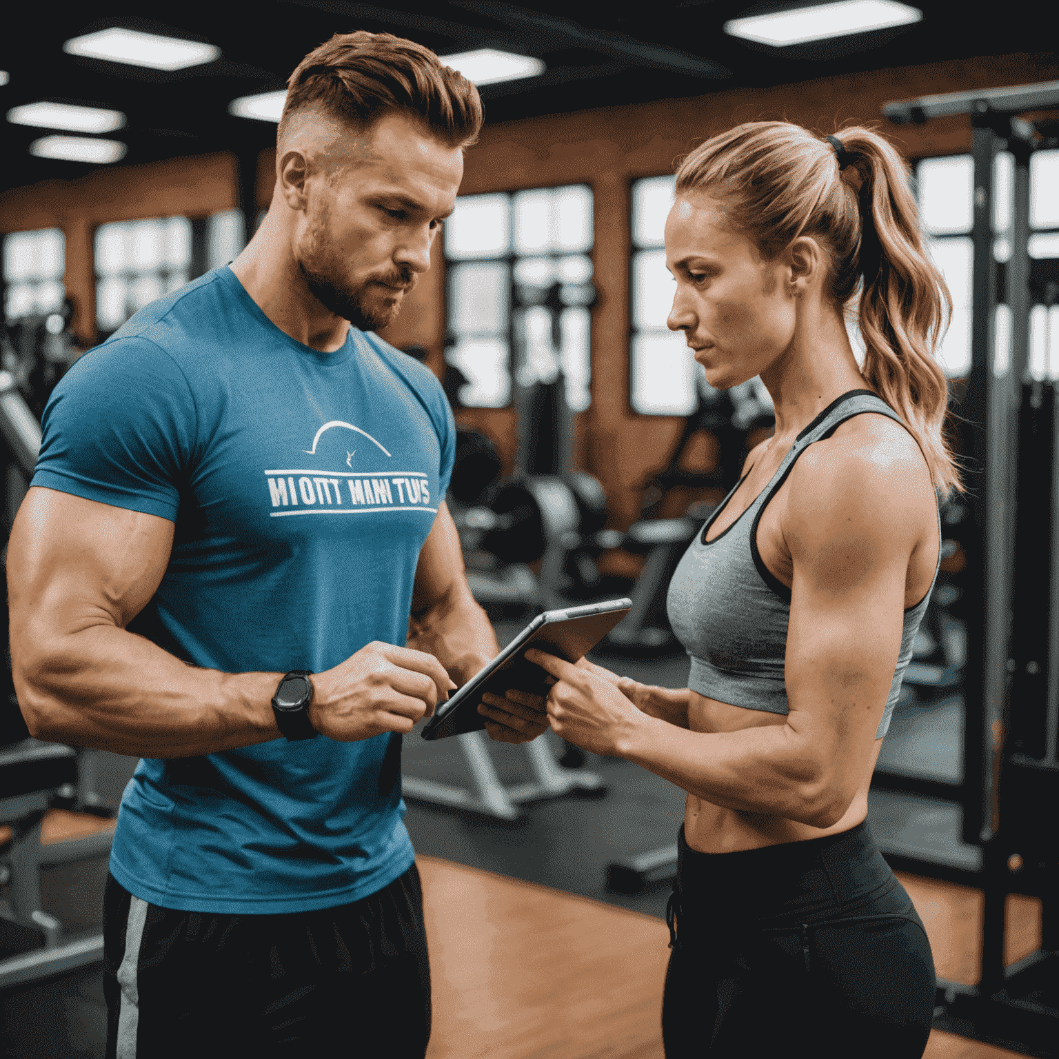 Una persona che consulta un personal trainer in palestra, discutendo un piano di allenamento personalizzato