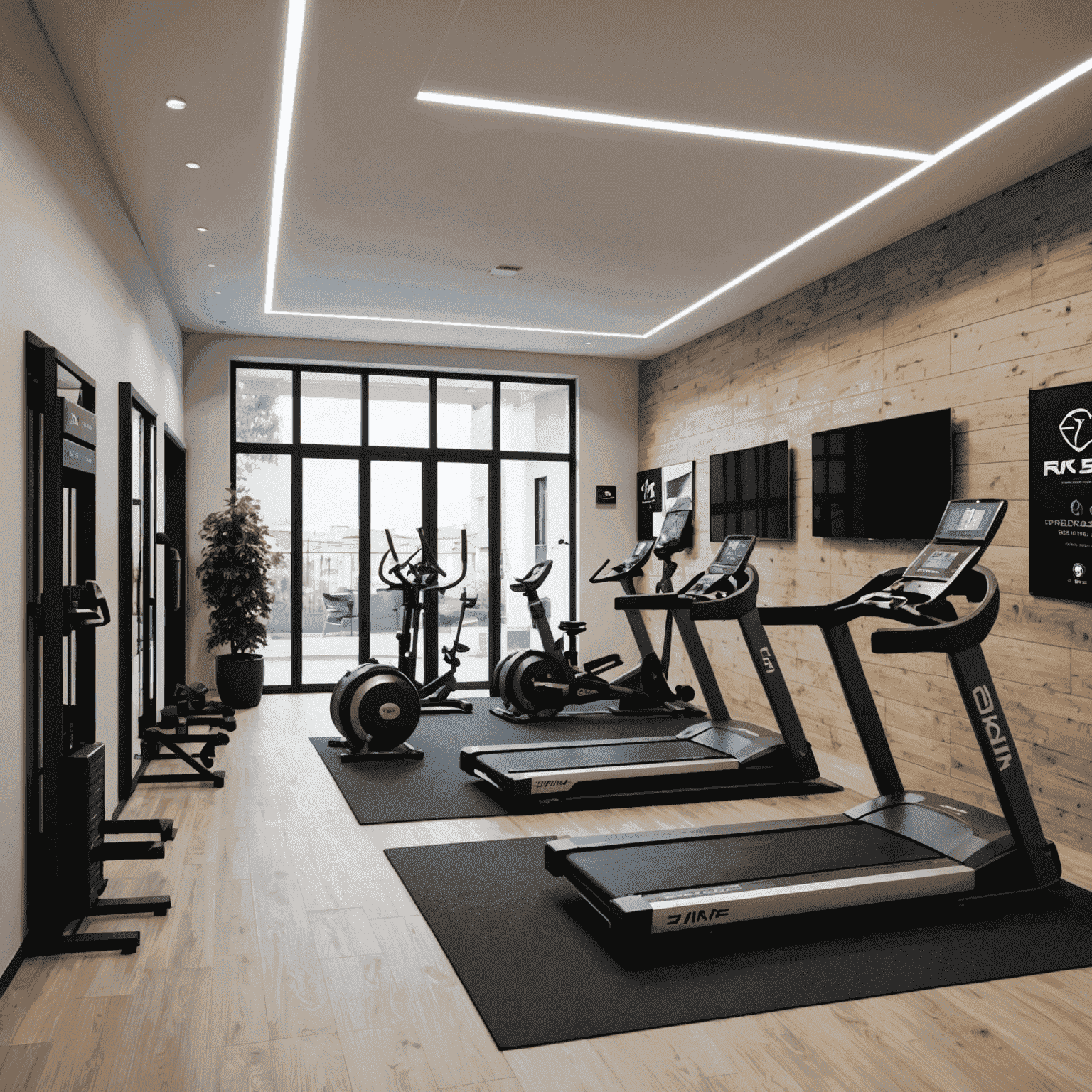 Interno dell'ufficio 1win Fitness in Italia, mostrando la palestra dimostrativa con attrezzature moderne e uno spazio per sessioni virtuali