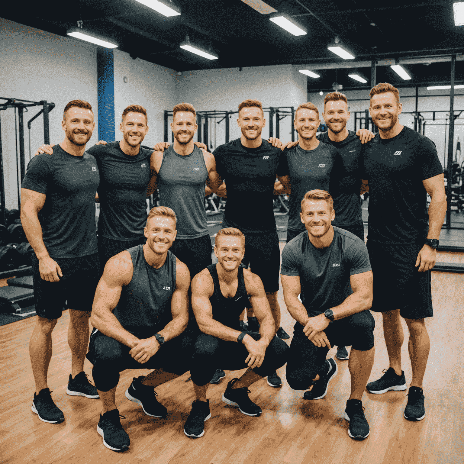 Un gruppo sorridente e soddisfatto dopo aver completato una lezione di fitness intensa presso 1win Fitness, mostrando i risultati del loro duro lavoro