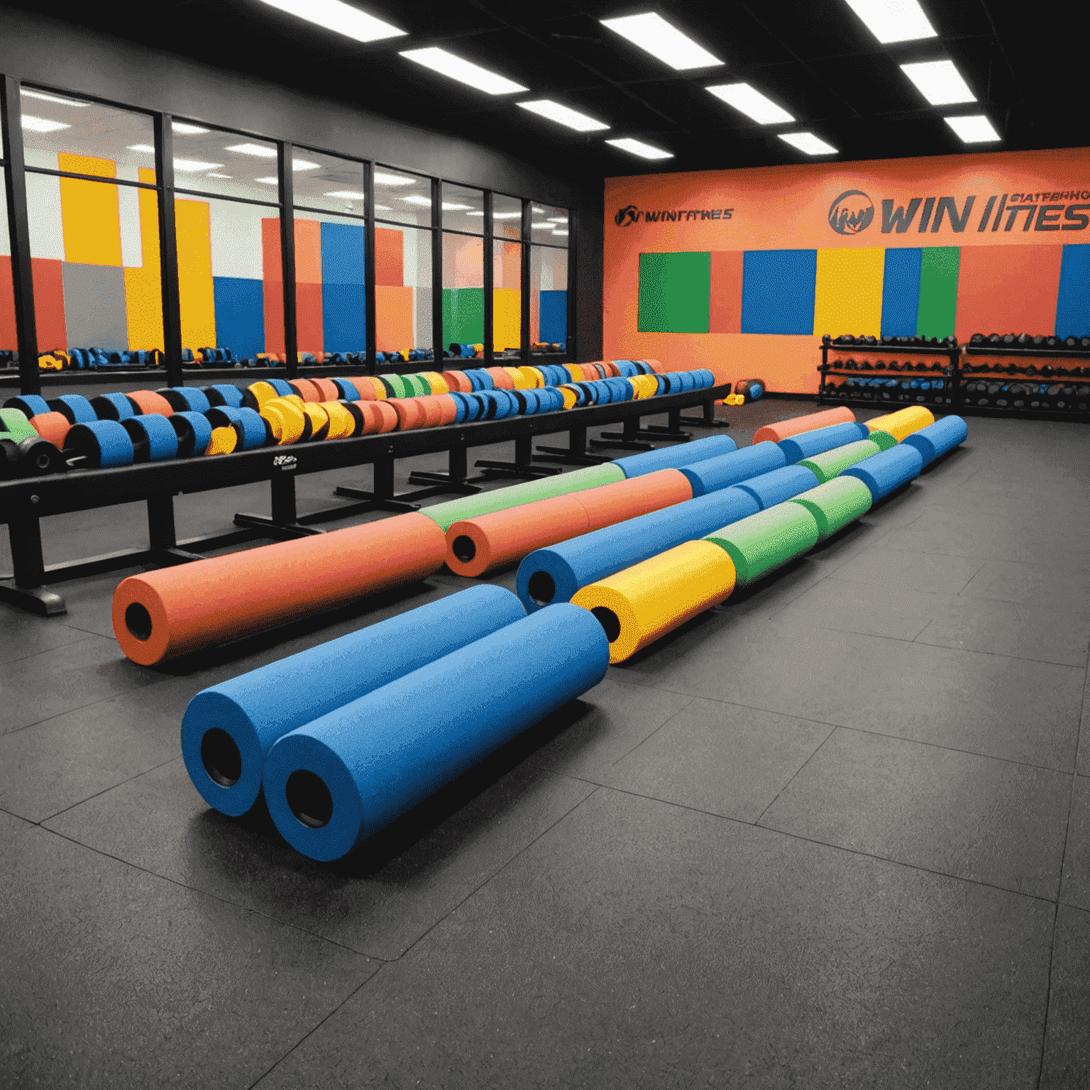 Vari foam roller colorati in un'area stretching di 1win Fitness